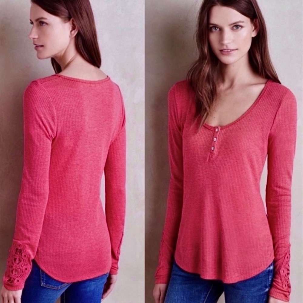 πΊπHPππΊ NWOT Anthropologie Eloise Crochet Cuff Henley - Picture 5 of 16
